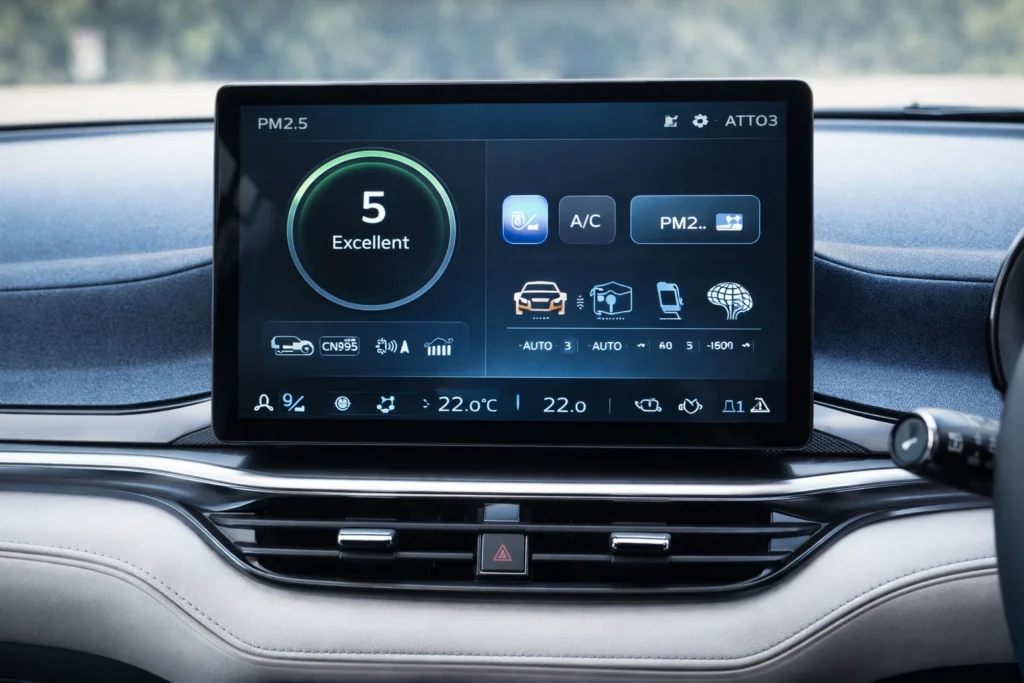 BYD Atto 3 health review showing the PM2.5 air filtration monitor on the dashboard