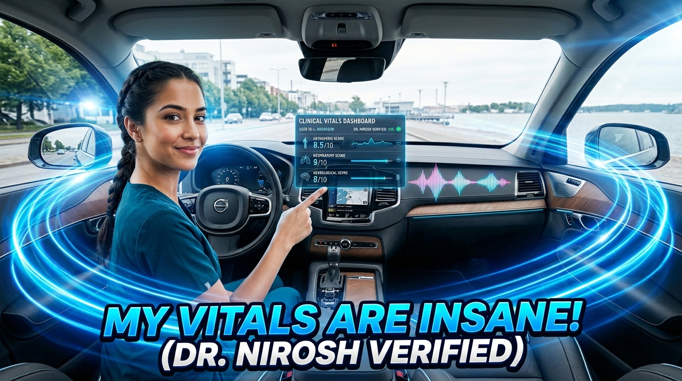 futuristic medical-style dashboard blended with a modern luxury SUV interior, featuring a Volvo EX60 cockpit.