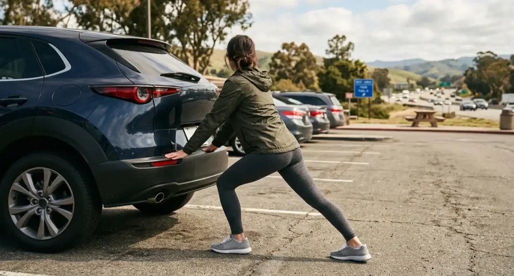 traveler stretching beside suv 202607201701
