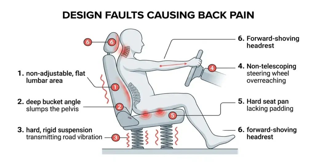 Worst Cars for Back Pain and Sciatica in 2026 (And What to Buy Instead) Diagram of six seat and ride design faults that define the worst cars for back pain