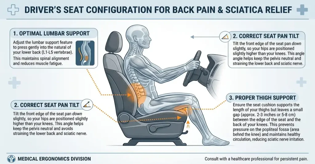 Correct driver seat setup demonstrating how to configure the best SUV for back pain and sciatica relief
