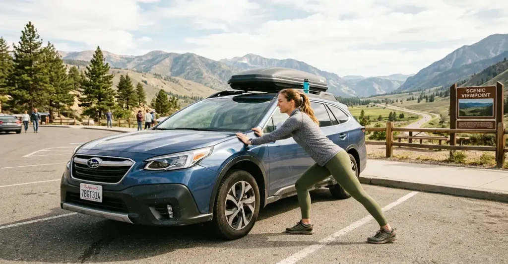 Driver stretching at a rest stop to manage symptoms while driving with sciatica on a long journey