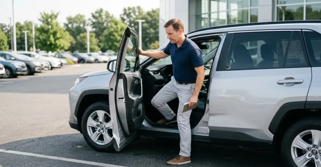 Worst Cars for Back Pain and Sciatica in 2026 (And What to Buy Instead) Driver checking seat height and door aperture to avoid the worst cars for back pain before buying