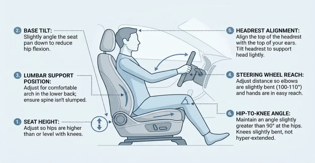 x-step diagram showing how to sit in a car when driving with sciatica, covering seat height, base tilt and lumbar support