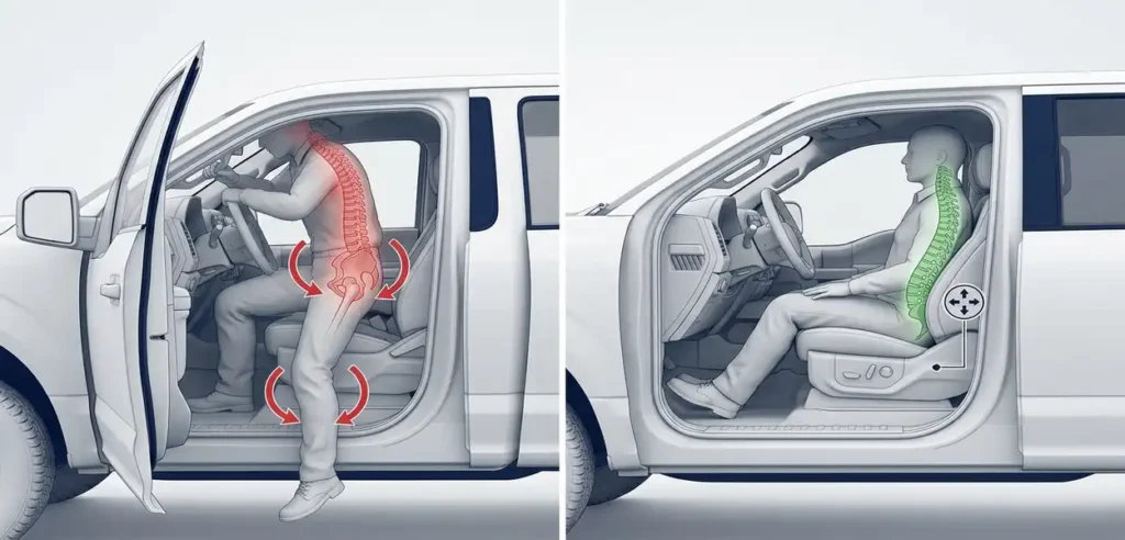 posture comparison showing one of the worst cars for your back vs. a spine-friendly seat